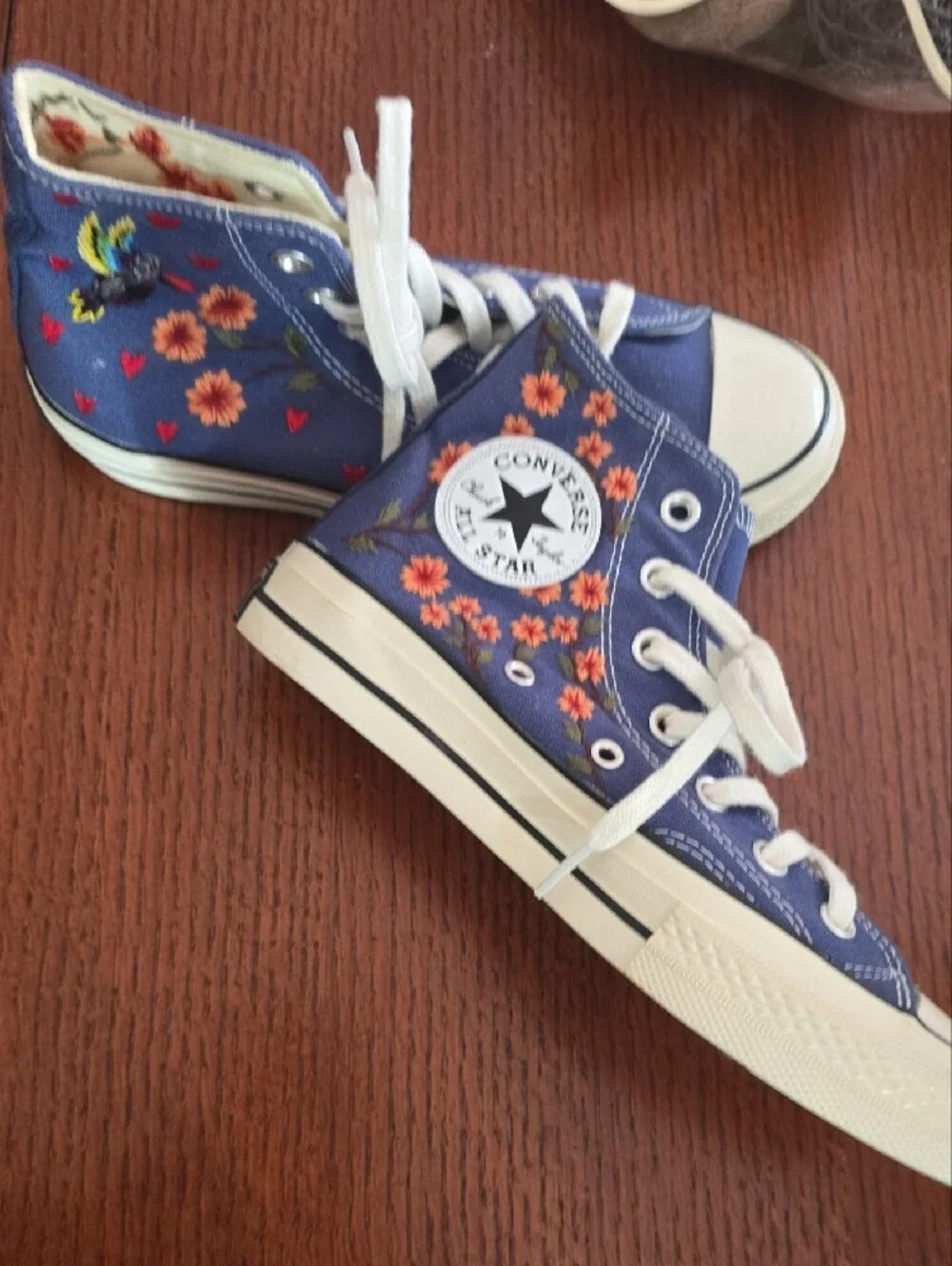 Custom Made Converse Kids Blue High-Top Sneakers with Orange Floral Embroidery